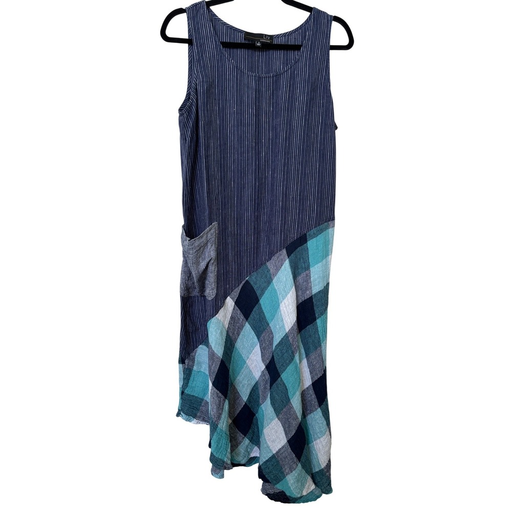 Liv by Habitat Clothes Womens Small Blue Pinstripe Plaid Mixed Media Midi Dress